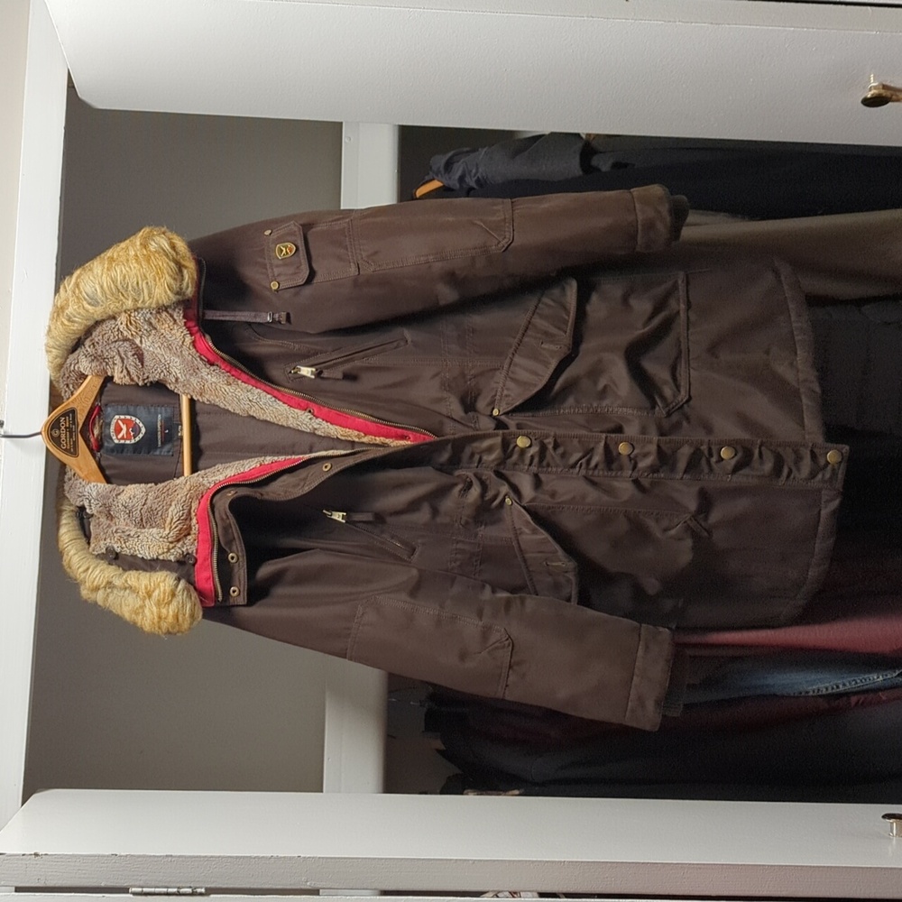 XL, warm, long, brown winter coat with faux fur hood
